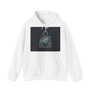 May include: White hoodie featuring a graphic of a person-shaped outline with a circular design in yellow, orange, and blue on a black background. The hoodie has a drawstring hood and a front pocket.