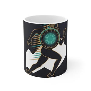 May include: White ceramic mug featuring a black and gold illustration of a runner with a stopwatch. The design includes a teal stopwatch and a mountain range, perfect for runners and sports enthusiasts.