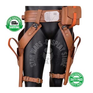 May include: A brown leather utility belt and holster set. The belt features a silver buckle and a pouch with an orange accent. Two holsters are attached, along with straps and buckles. The set is designed for cosplay.