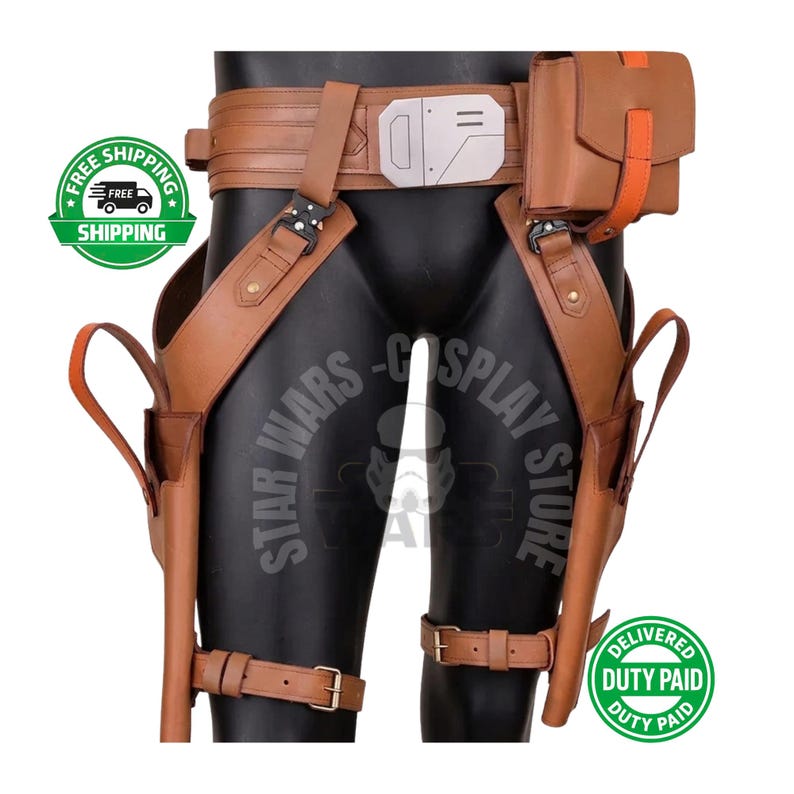 May include: A brown leather utility belt and holster set. The belt features a silver buckle and a pouch with an orange accent. Two holsters are attached, along with straps and buckles. The set is designed for cosplay.