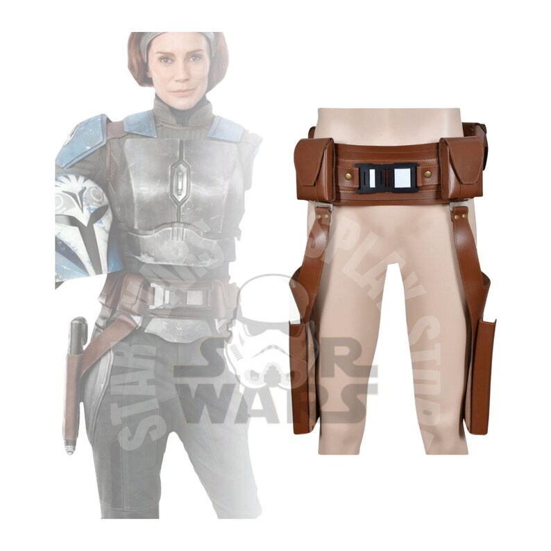 May include: A brown leather utility belt with pouches and straps, suitable for cosplay or costume. The belt has a central buckle and several pockets, with straps extending down the legs. The design is reminiscent of a sci-fi or fantasy theme, with a detailed finish.