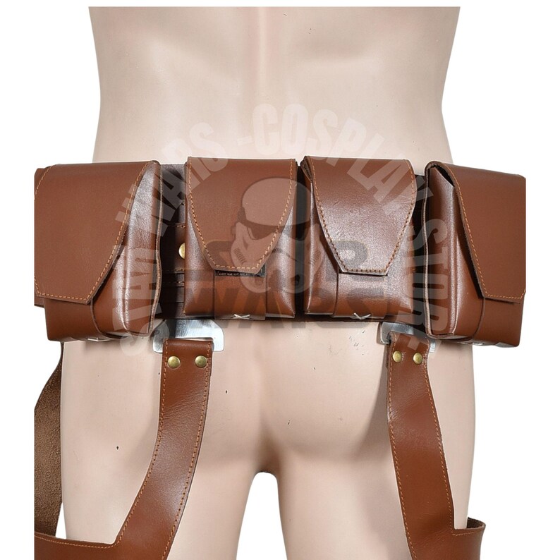 May include: A brown leather utility belt with four rectangular pouches and suspender straps. The pouches have flap closures and are attached to a silver-coloured metal belt. The suspender straps are secured with brass-coloured rivets.