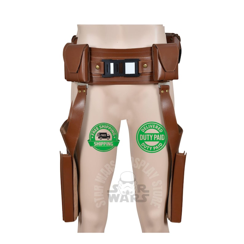 May include: Brown leather utility belt with two pouches and two holster-style leg straps. The belt has a black and white buckle, designed for cosplay or costume use.