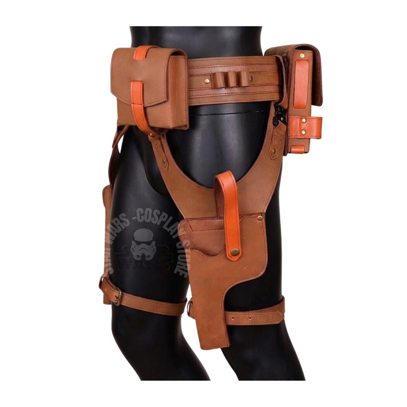 May include: A brown leather utility belt and holster set with orange accents. The set includes a belt with pouches, a shoulder harness, and a leg holster. The design features multiple compartments and straps for securing items. The overall aesthetic is rugged and functional.