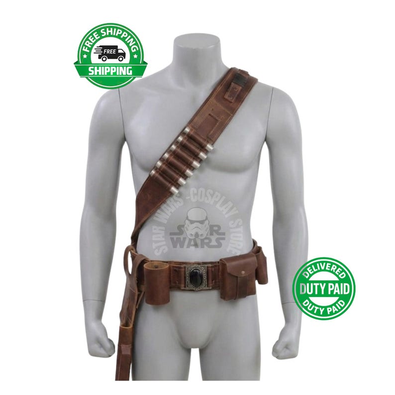 May include: Brown leather belt and shoulder strap with multiple pouches and bullet holders. The belt has a decorative buckle and is worn by a mannequin. The image also includes the text "STAR WARS COSPLAY STORE".