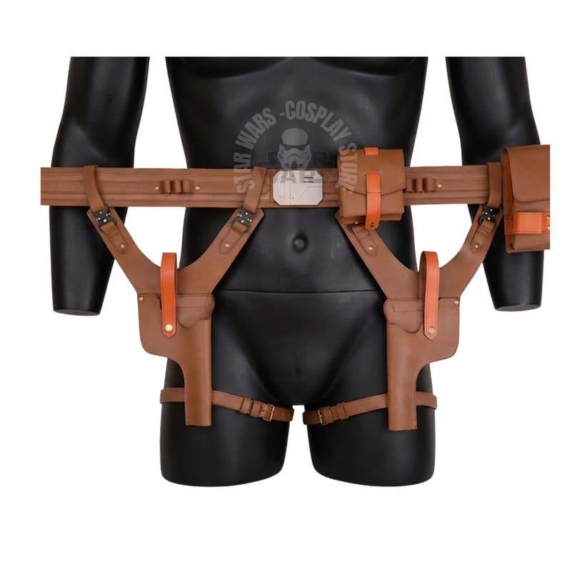 May include: A brown leather utility belt with two holsters, pouches, and straps. The belt is displayed on a black mannequin. The belt has a buckle and is designed for cosplay or costume use.