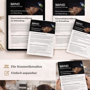 May include: Image featuring documents and digital displays related to a skincare treatment, with the text "Einverständniserklärung zur Behandlung" (Informed Consent for Treatment). The documents include the "BioRePeelC3" logo and information about the treatment.