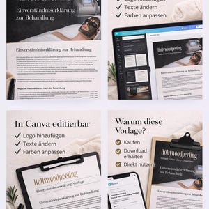 Einverständniserklärung Kosmetik Vorlage schwarz | Carbonpeeling | Hollywoodpeeling | Editable Canva PDF | Dokument Deutsch | Download