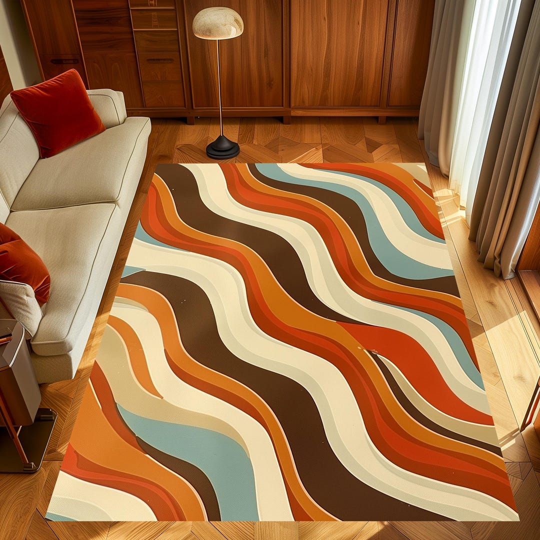 Retro Wave Rug: Mid Century Modern Area, Abstract Wavy, Boho Retro, 70s ...