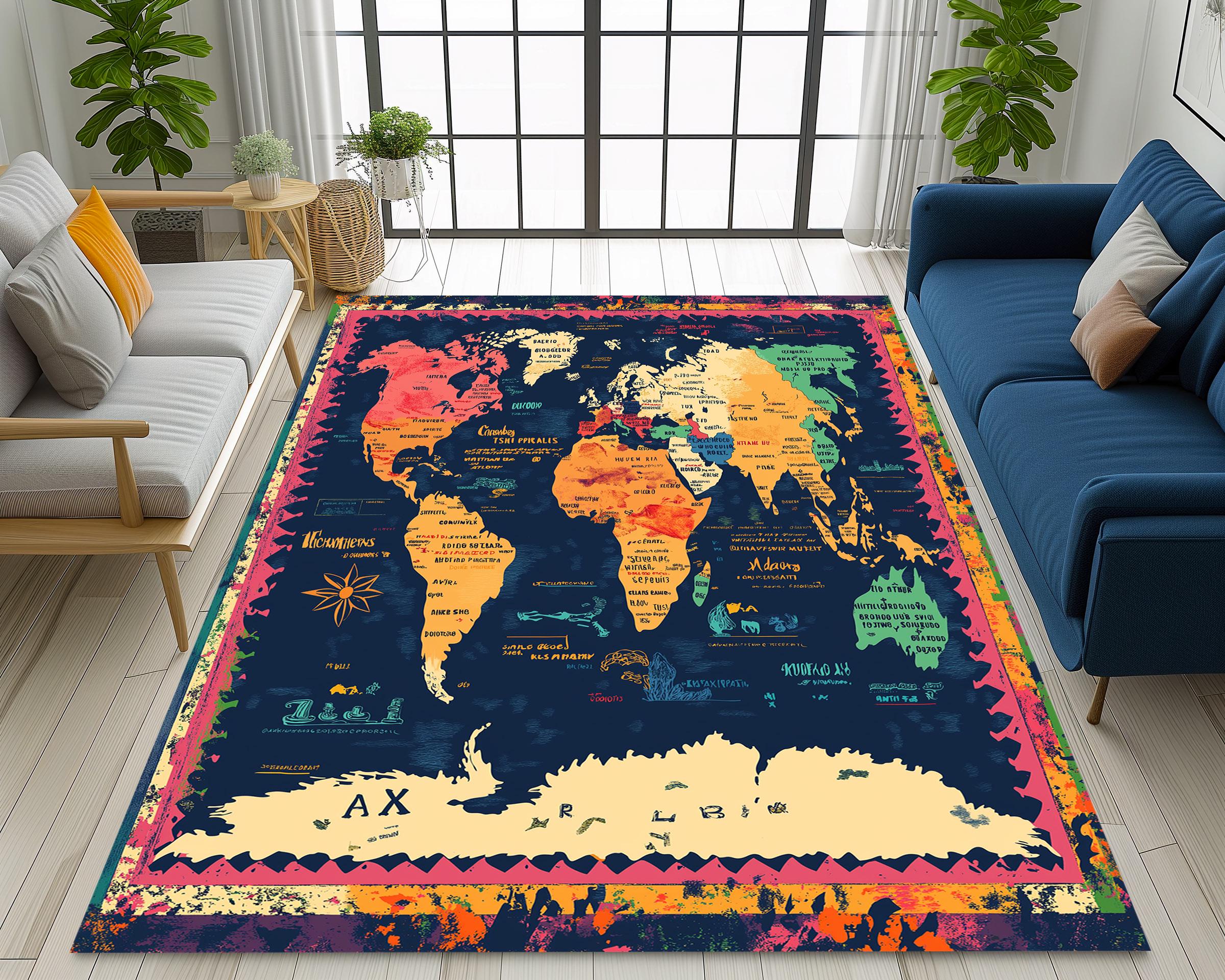 Colorful World Map Rug, Educational Kids Rug, Retro Atlas Area Rug ...