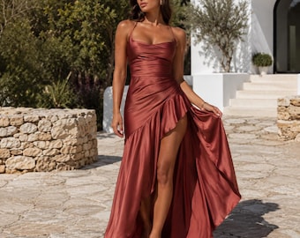 Elegant Red Satin Maxi Dress for Women – Split Evening Gown, Backless Strappy Bodycon Dress, Luxury Wedding Guest Summer Vacation Outfit