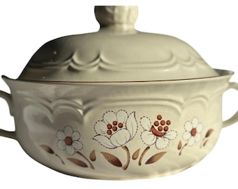 Cumberland-steengoed met Mayblossom afgedekte braadpan, vintage Japan