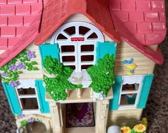 Fisher-Price Loving Family Dollhouse Vintage 2000 Folding Cottage Pink Roof Toy