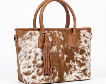 Cowhide Fur Purse, Large Genuine Leather Handbag, Gift for Her