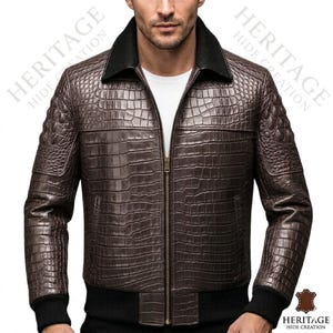 Exotic Texture Leather Bomber Jacket, Men’s Brown Cowhide Leather Coat, Full Zip Biker Jacket, Custom Made Real Leather Streetwear