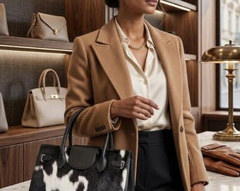 Cowhide leather bags Handmade Tote Bag Luxury Cow Print Top Handle purse.