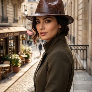 Könnte beinhalten: Ein brauner Fedora-Hut mit Krokodilleder-Textur und einem glatten Lederband, getragen zu einem dunkelolivgrünen Mantel mit Stehkragen und langen Ärmeln. Der Hut hat eine strukturierte Krone und eine Krempe von mittlerer Breite.