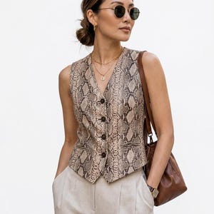 Snakeskin Leather Vest Women , Sleeveless Biker Jacket, Boho Western Leather Waistcoat,