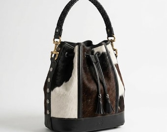 Bolso tipo cubo de piel de vaca hecho a mano / Bolso estilo western de cuero genuino