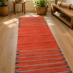 May include: A long rectangular runner rug in a vibrant terracotta orange color. The rug features horizontal stripes in a light blue hue, with small matching blue tassels attached at the ends of each stripe along both sides of the woven fabric.