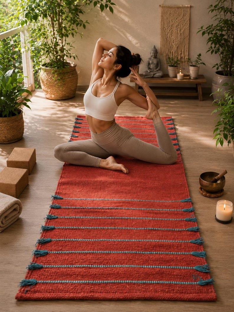 May include: A rectangular yoga mat in a deep terracotta red color featuring horizontal rows of teal blue woven stripes and decorative tassels along the edges. The mat is textured and lies flat on a wooden floor, providing a surface for exercise.