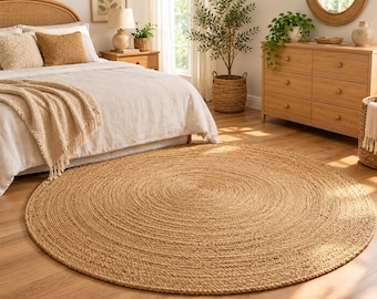Puede incluir: Una alfombra circular grande hecha de fibras de yute trenzadas naturales. La alfombra presenta un patrón concéntrico tejido de forma apretada y uniforme en un tono bronceado claro, proporcionando una superficie texturizada.