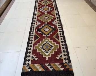 Alfombra Kilim de lana y yute tejida a mano / Alfombra de pasillo estilo boho para escaleras, alfombra de entrada, alfombra Dhurrie india de tamaño personalizado, alfombra de lana y yute de primera calidad.