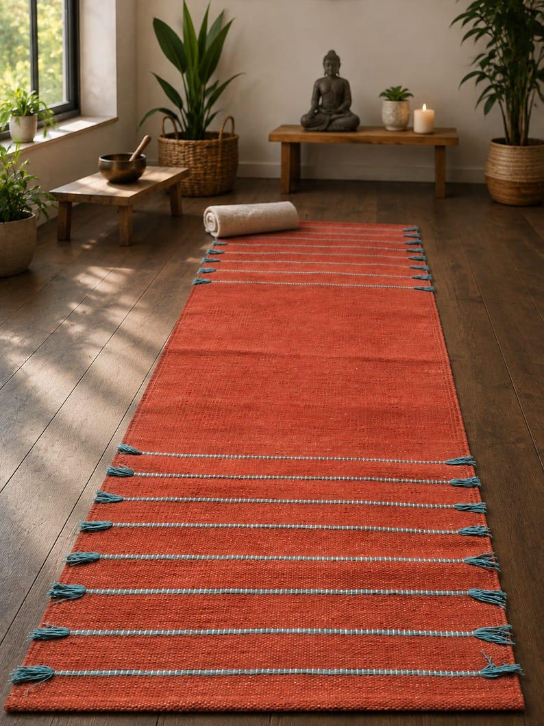 May include: A rectangular runner rug in a deep terracotta orange color featuring horizontal stripes of light blue thread. The rug is finished with small, matching light blue tassels at the ends of each horizontal stripe along both sides.