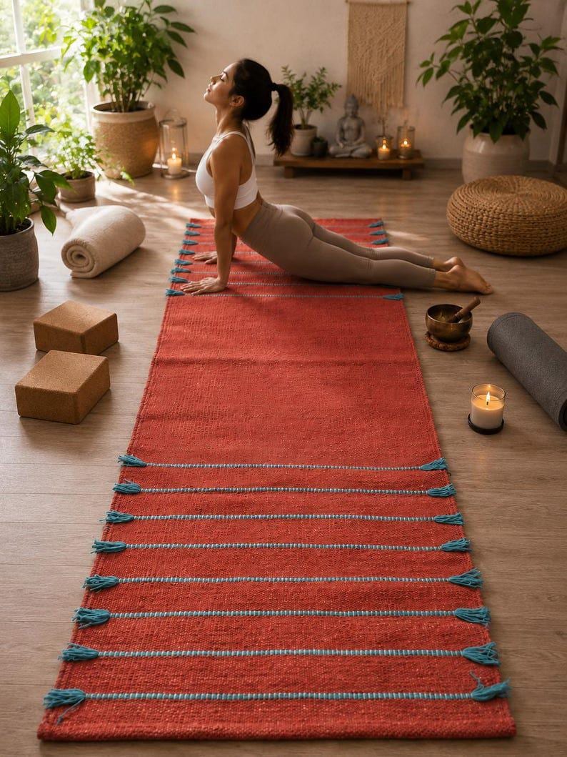 May include: A rectangular yoga mat in a deep terracotta red color featuring horizontal light blue woven stripes and decorative tassels along the edges. The mat has a textured surface and is positioned flat on a wooden floor surface.