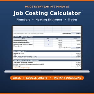 May include: A digital job costing calculator displayed on a laptop screen, featuring columns for item, quantity, rate, and total. The interface includes sections for labour, customer price, and profit margins, with text reading Price Every Job In 2 Minutes.