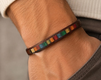 Bracciale in pelle fatto a mano con intarsio in legno colorato - Vera pelle - Bracciale da uomo e da donna - Chiusura magnetica