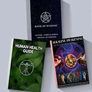 Op de afbeelding: Drie boeken met de titels: "Book of Wisdom", "Human Health Guide" en "Alkaline Awakening". "Book of Wisdom" heeft een donkerblauwe kaft met een witte pentagram. "Human Health Guide" heeft een groene kaft met een illustratie van een menselijke figuur. "Alkaline Awakening" heeft een kleurrijke kaft.