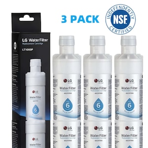 May include: A 3-pack of LG water filter replacement cartridges, model LT1000P and ADQ747935. The white cylindrical filters feature blue branding, the LG logo, and a graphic indicating a 6-month replacement cycle. An NSF certified seal is visible.