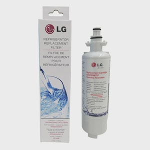 May include: An LG refrigerator replacement filter and its packaging are displayed. The white filter cartridge has a cylindrical shape with a black top and is labeled with operating parameters. The packaging is white with the LG logo and text in English and French.