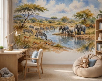 Watercolor Safari Animals Wallpaper Mural, Elephant Zebra Peel and Stick Wall Decor