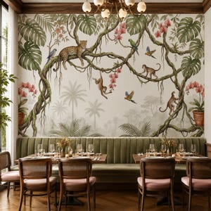 May include: A wall mural featuring a jungle scene with a leopard resting on a branch, monkeys climbing vines, and colorful parrots. The design includes large green monstera leaves, pink orchid flowers in terracotta pots, and a misty palm tree background.