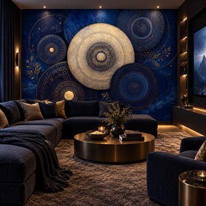 Papel de Parede Astrológico Celestial, Mural de Parede Cósmico Azul Escuro, Mapa Estelar do Zodíaco Dourado, Papel de Parede Autoadesivo Galáctico Místico