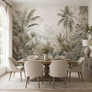 May include: A dining room featuring a large wooden table surrounded by four beige upholstered chairs. The wall behind the table is covered in a mural depicting a lush tropical jungle scene with various palm trees and foliage in muted green tones.