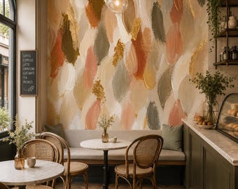 Neutral Abstract Brushstroke Wall Mural, Beige Terracotta Peel and Stick Wallpaper, Gold Accent Home Decor