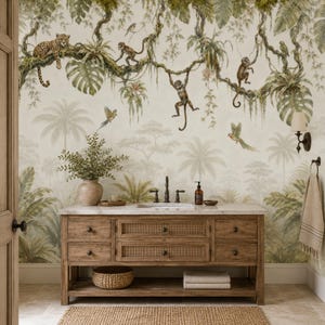 May include: A wooden bathroom vanity with a light brown finish, featuring four drawers and a lower shelf. The vanity is set against a wall mural depicting a jungle scene with monkeys, a leopard, birds, and lush green tropical foliage.