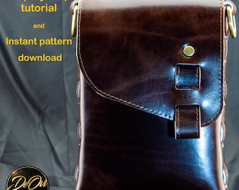 May include: A dark brown leather crossbody bag with a flap closure, a brass-colored metal stud, and side hardware. The text on the image reads: DIY Step-by-step tutorial and Instant pattern download. A circular logo in the corner says DeOu Studio.