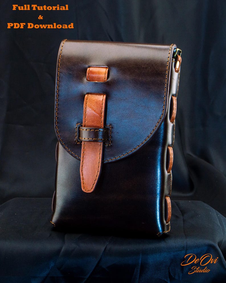 May include: A dark brown leather pouch featuring a lighter tan leather strap closure and side lacing details. The text "Full Tutorial & PDF Download" appears in the top left corner, and "De Ovi Studio" is printed in the bottom right corner.