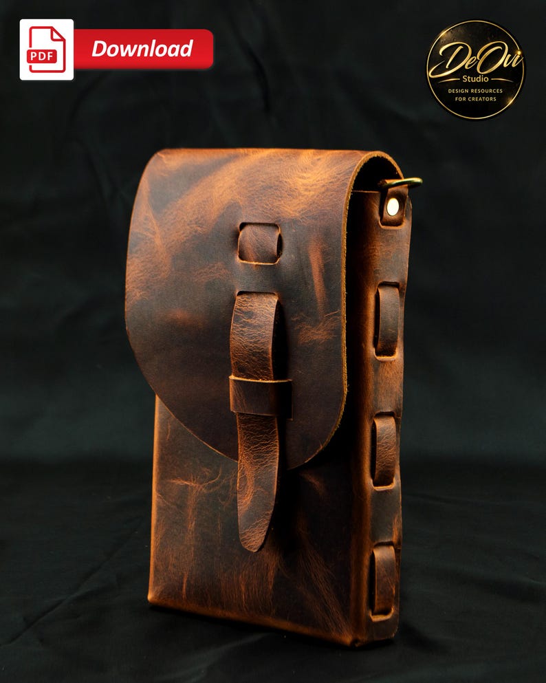 May include: A vertical brown leather pouch with a distressed finish, featuring a fold-over flap secured by a leather strap and loop closure. The side panel is constructed with visible leather lacing details and a small metallic hardware ring.