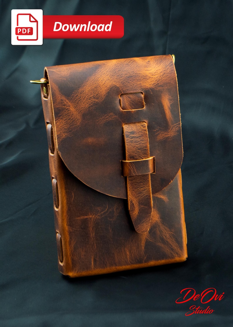 May include: A vertical brown leather pouch with a distressed finish, featuring a rounded flap closure secured by a leather strap and loop. The sides are constructed with visible leather lacing details and brass hardware attachments at the top corners.