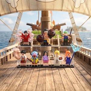 May include: A collection of colorful Lego figurines from the One Piece anime series, arranged on a wooden ship deck. The figurines depict various characters with unique outfits and accessories, including swords, shields, and special effects.
