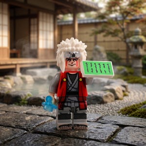 May include: A Lego figure of a character with white hair, red accents, and a red jacket, holding a green sign with Japanese characters and a blue object. The figure is set against a blurred outdoor Japanese garden scene.