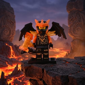 May include: A Lego minifigure of a dragon warrior, featuring an orange and black color scheme. The figure has a helmet, wings, and a weapon. The background depicts a volcanic landscape with lava and rock formations.