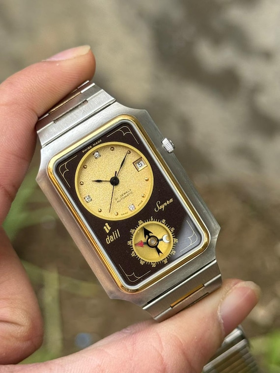Vintage Dalil Supra Qibla Compass Automatic Watch Swiss Gold Brown
