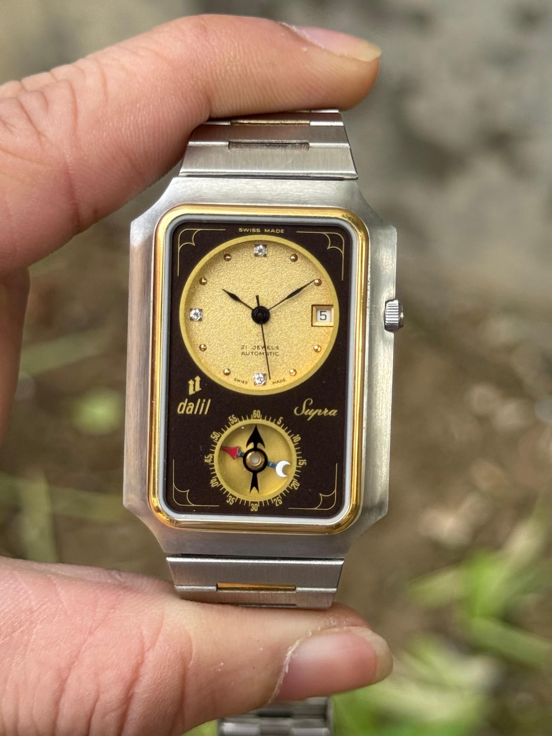 ルモワスネ リシュブール 1992 Vintage Dalil Supra Qibla Compass Automatic Watch Swiss Gold Brown