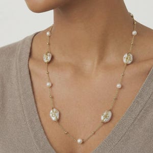 Baroque Pearl Necklace with Gold Leaf Design - Long Statement Nature Inspired Elegant Jewelry for Her